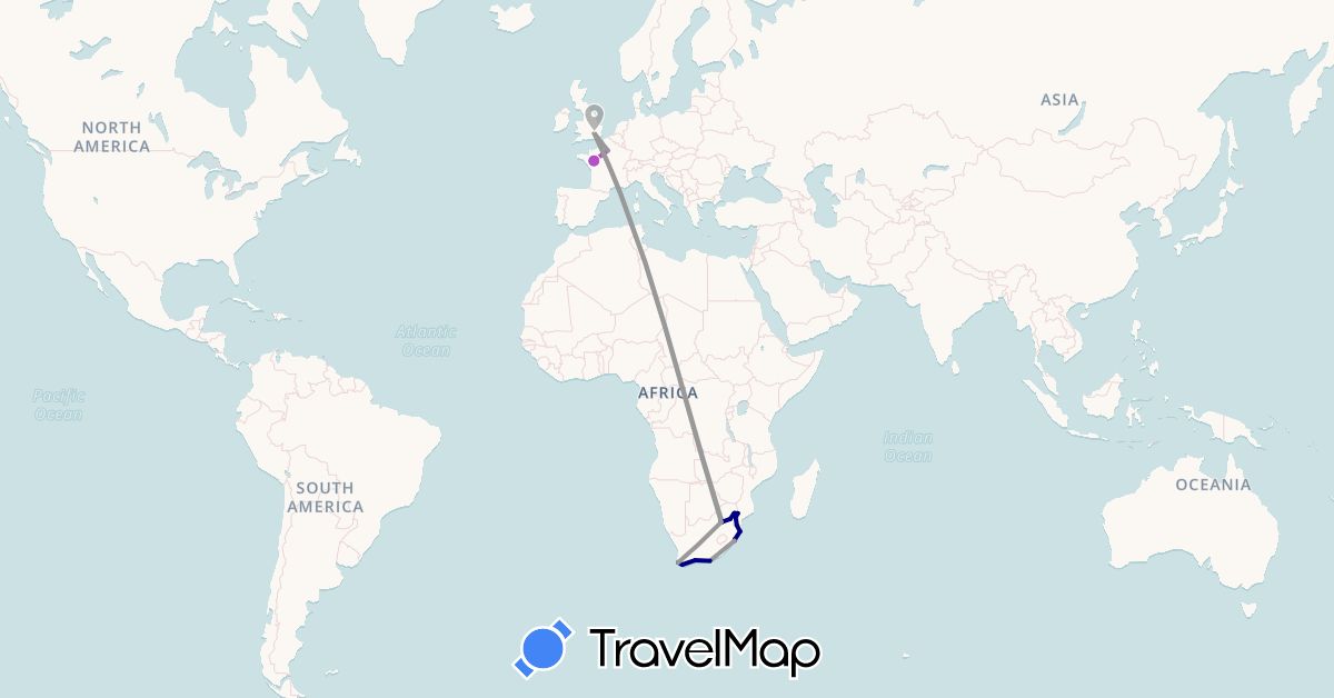 TravelMap itinerary: driving, plane, train in France, United Kingdom, Swaziland, South Africa (Africa, Europe)